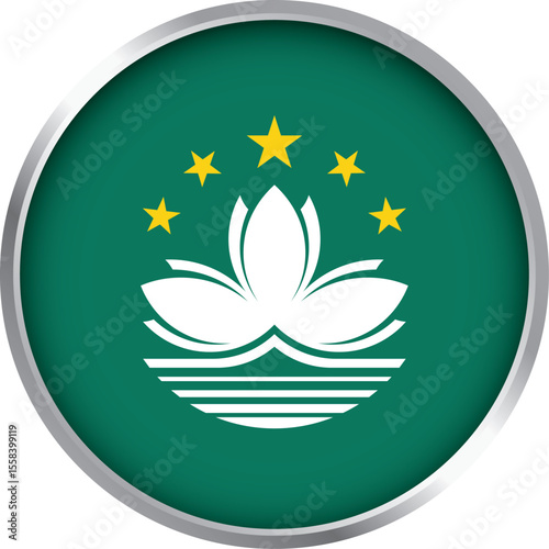 circular icon of macao sar china flag with lotus flower, stars, green background and silver border design

