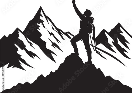 Black silhouette of mountain climber reaching summit, vector icon symbolizing success, achievement, goal, ambition, perseverance, motivation, challenge, adventure, outdoor sports, and victory concept
