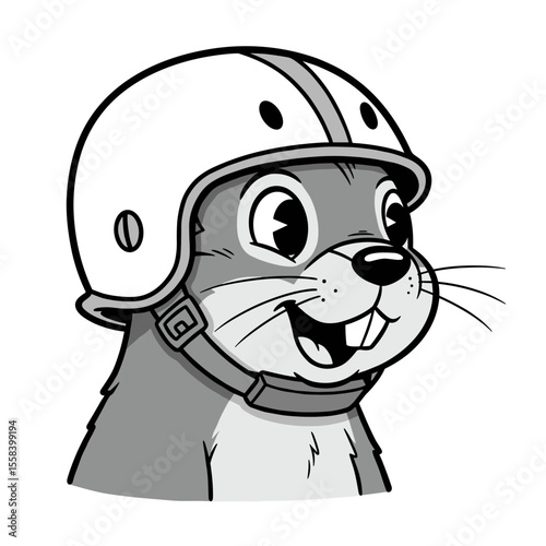 A cheerful cartoon beaver wears a helmet with a chin strap, showing off its big eyes, buck teeth, and a playful smile.