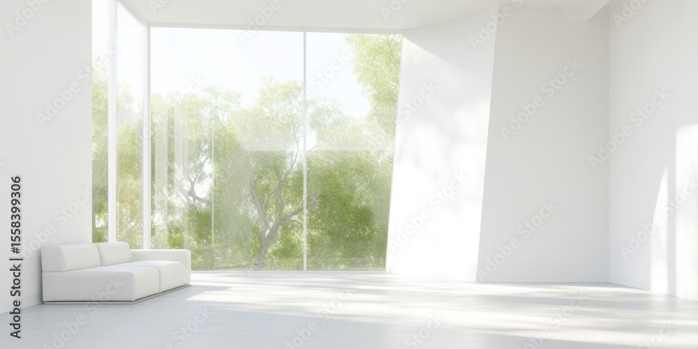 Fototapeta premium Elegant modern interior with large windows and garden view bathed in natural light