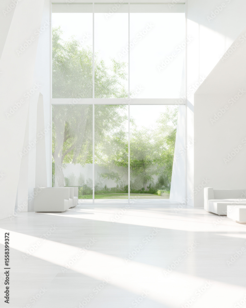 Fototapeta premium Modern minimalist interior with large windows and garden view in bright daylight