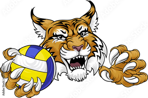 A wildcat cougar lynx lion volleyball animal sports mascot holding a volley ball in his claw