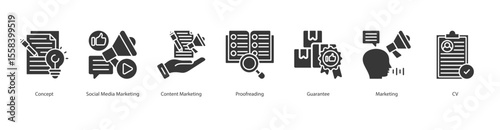 Digital Presence banner web icon set vector illustration concept with icon of concept, social media marketing, content marketing, proofreading, guarantee, marketing, cv