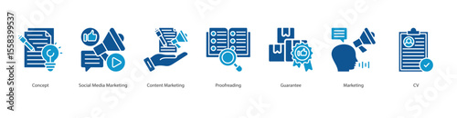 Digital Presence banner web icon set vector illustration concept with icon of concept, social media marketing, content marketing, proofreading, guarantee, marketing, cv