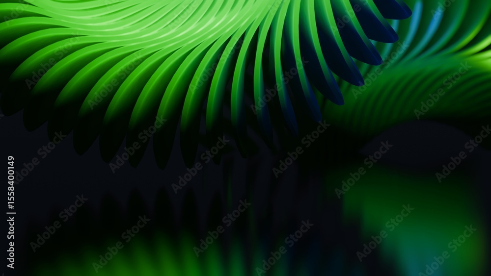 Obraz premium Abstract background with motion graphics of green spiral waves in shade. 3D rendering of green blurred spiral lines