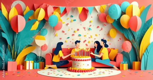 Celebration scene depicts birthday party. People enjoy cake, gifts, balloons, confetti. Papercraft style creates vibrant, festive mood.