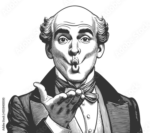 Funny bald Victorian man puckering his lips and blowing a kiss with a humorous expression sketch engraving generative ai fictional character vector illustration. Scratch board. Black and white image.