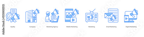 Marketing Solution banner web icon set vector illustration concept with icon of quality, company, marketing agency, mobile marketing, marketing, email marketing, digital marketing