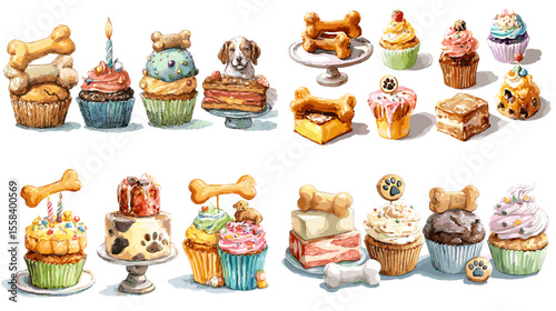 Adorable watercolor cupcakes and treats decorated with bones and paws for dogs. Perfect for pet bakery branding, birthday party invites, or dog lover designs.

