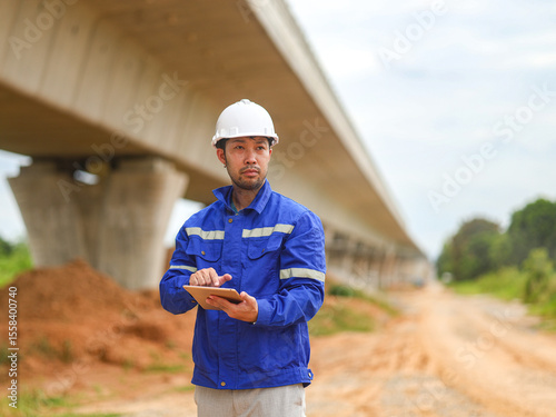 Caucasian young beautiful woman architect or builder in the hardhat standing at the roof of the building site and using tablet device, tapping and scrolling.
