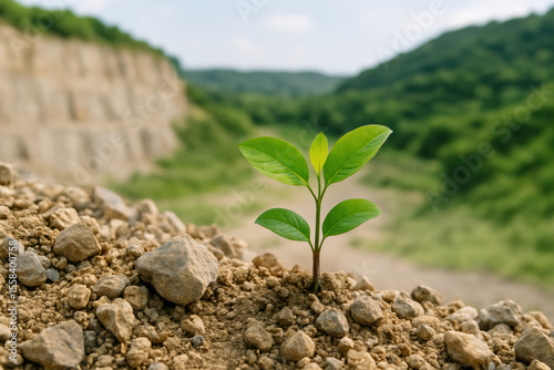 Young plant growing in quarry soil symbolizes hope for environment and highlights industry impact on nature restoration efforts