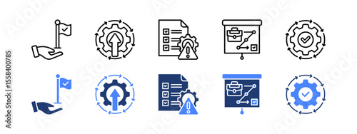 Productivity management icon set with Milestone, Continuous improvement, Risk management, Strategic planning, Effectiveness.