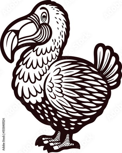 Intricate hand drawn dodo bird illustration in black and white vintage engraving