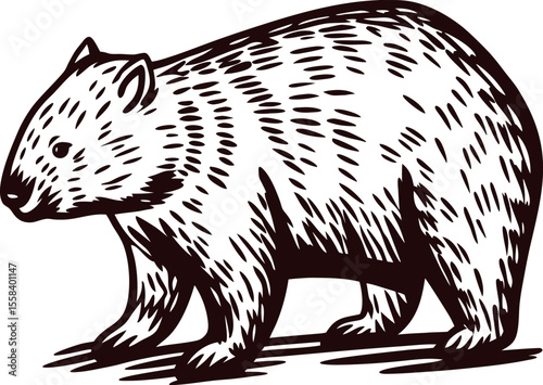 Hand drawn engraved wombat standing on ground vintage wildlife illustration with detailed fur lines