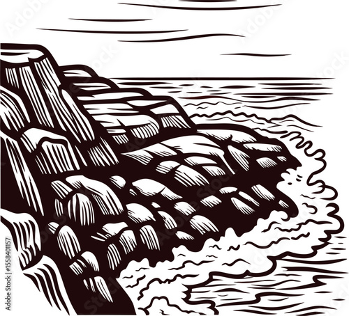 Hand drawn rocky coastline with waves and clouds in engraving vintage illustration