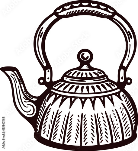 Vintage hand drawn metal teapot with ornate handle and lid classic engraved illustration isolated on white background