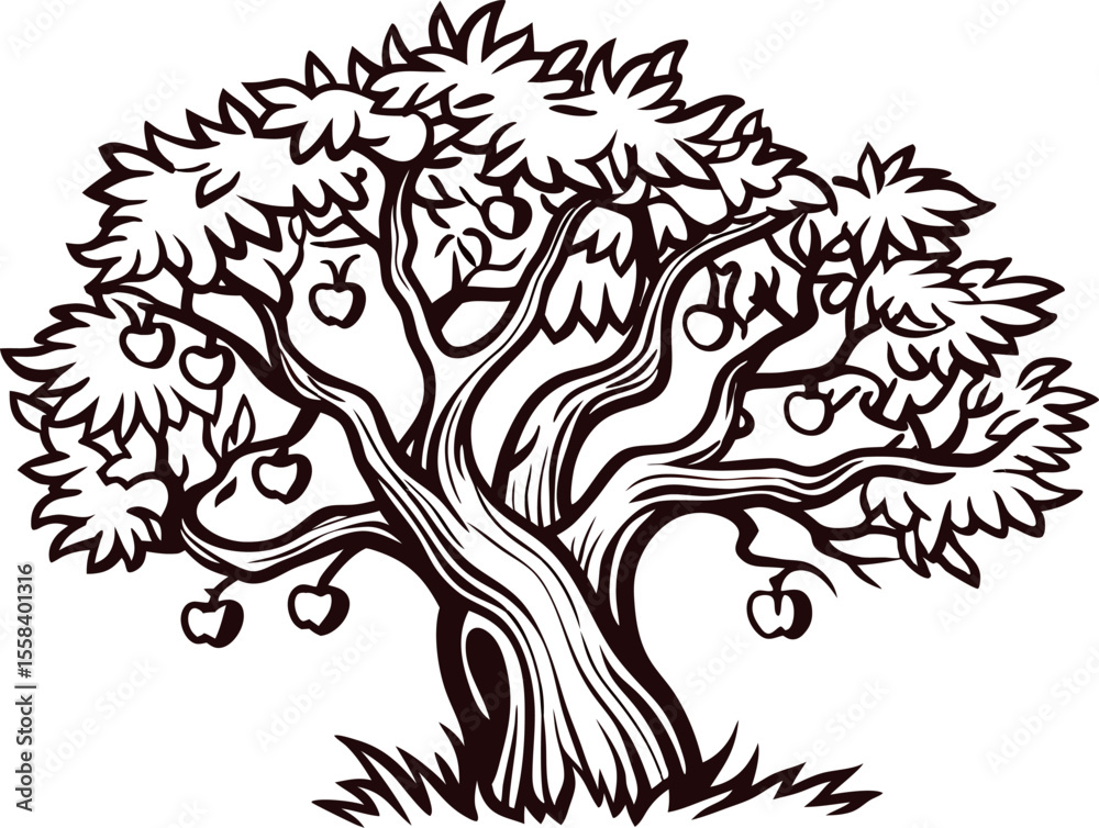 Fototapeta premium Hand drawn apple tree with ripe fruit and twisted branches isolated on white background illustration