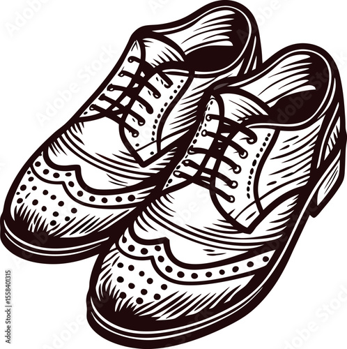 Vintage hand drawn leather oxford shoes isolated illustration, detailed engraved retro footwear design