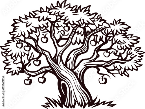 Hand drawn apple tree with ripe fruit and twisted branches isolated on white background illustration