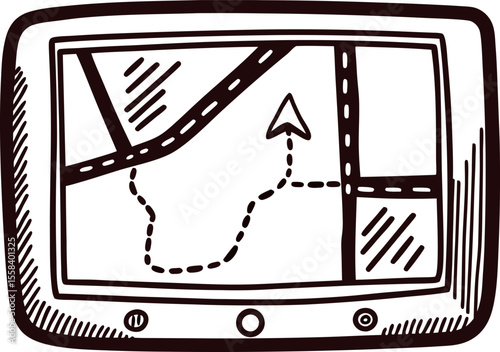 Hand drawn gps navigation device with route and arrow direction on screen in sketch illustration
