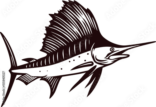 stylized illustration of a sailfish with detailed fin and elongated bill isolated on white background