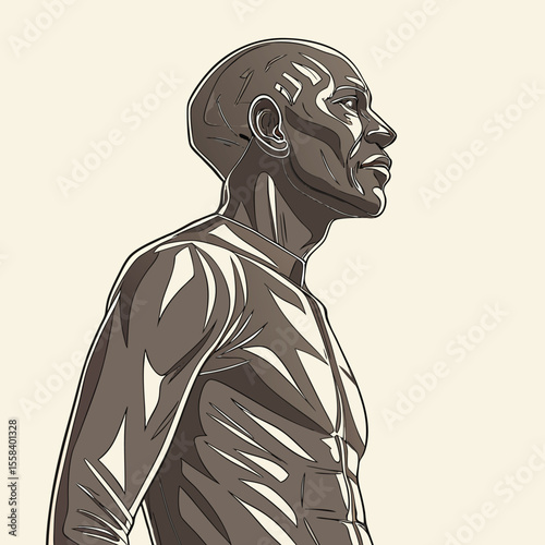 Strength and Determination: A focused, muscular man stands tall, gazing purposefully ahead, embodying resilience and resolve in a striking art-style depiction.