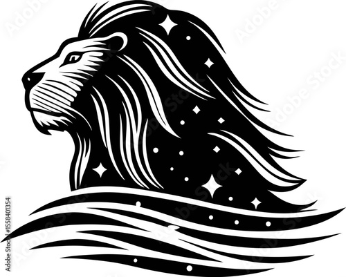 Majestic lion head silhouette with flowing mane and cosmic stars in black and white  illustration