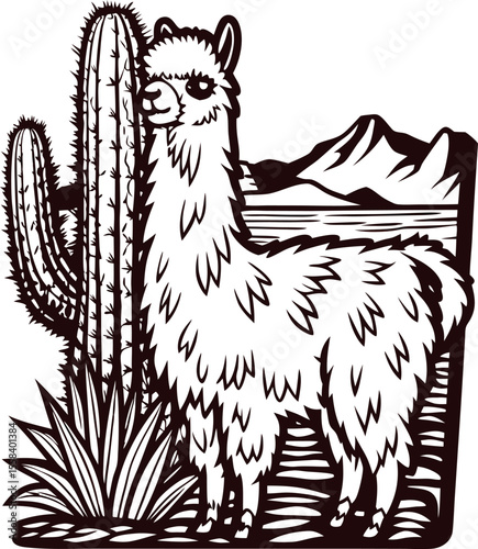 Detailed hand drawn illustration of llama with cactus and mountains in desert landscape, vintage engraved