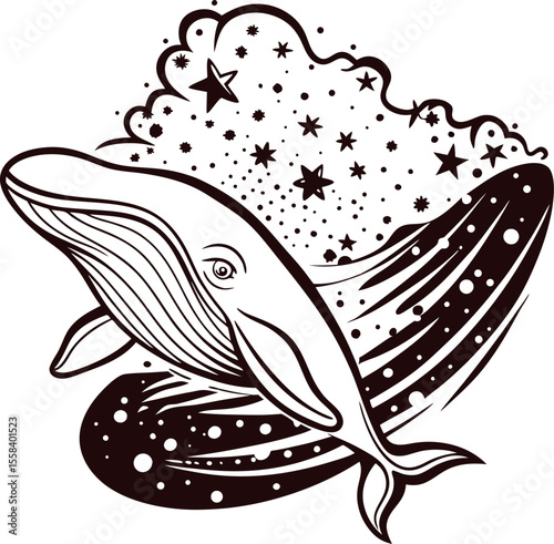 Majestic whale with cosmic stars and waves in hand drawn black and white engraving illustration