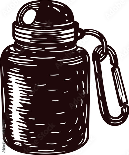 Hand drawn metal water bottle with carabiner engraved illustration isolated on white background