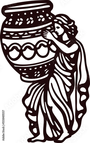 Greek woman carrying large amphora vase illustration in vintage antique