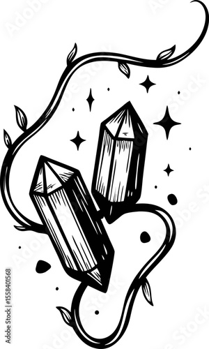Hand drawn crystal quartz cluster with vine and stars, black and white mystical element illustration