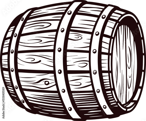 Vintage engraved wooden barrel illustration with metal hoops and detailed wood grain drawing in black and white