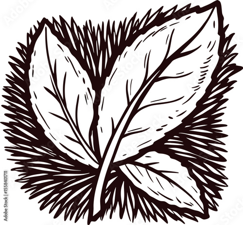 Hand drawn mint leaf cluster with detailed linework and hatching on white background
