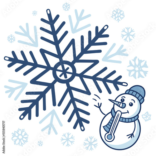 Snowman and Snowflake illustration: A delightful illustration of a cheerful snowman is reaching towards a large snowflake. The image evokes a sense of winter, cold, and whimsical charm.
