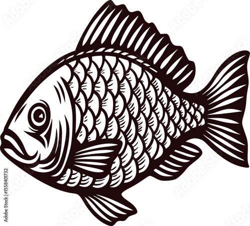Detailed hand drawn illustration of a freshwater fish with scales and fins in vintage engraved