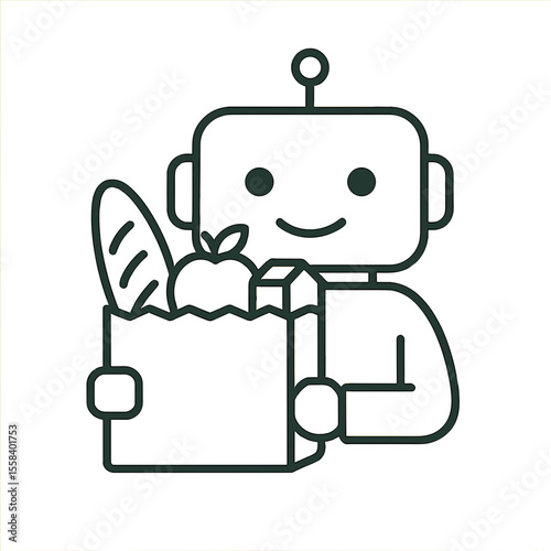 Happy  AI assistant robot delivering groceries in a paper bag  