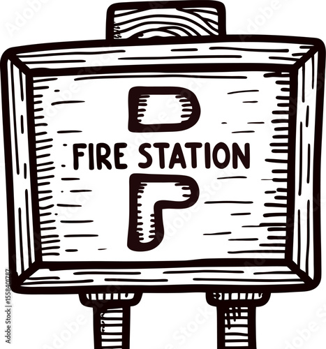 Hand drawn fire station parking sign illustration vintage wood textured board with parking symbol and bold lettering
