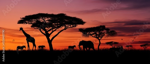 The silhouettes of wild animals against a vibrant African sunset landscape.