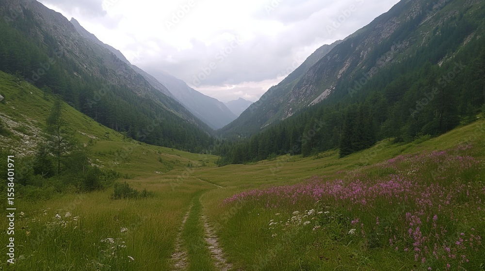 Fototapeta premium Serene mountain valley with wildflowers blooming along a dirt path, nestled between lush green slopes under a cloudy sky
