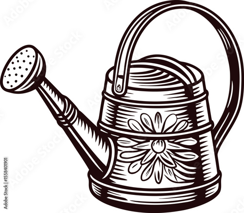 Vintage hand drawn watering can with floral pattern and curved handle illustration