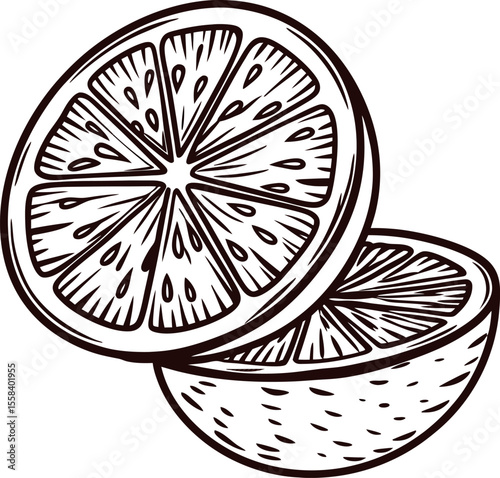 Vintage hand drawn illustration of a citrus fruit sliced in half with detailed segments and seeds visible