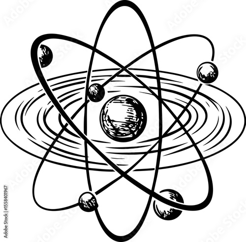 Hand drawn atomic model with central nucleus and surrounding electron orbits, vintage science illustration