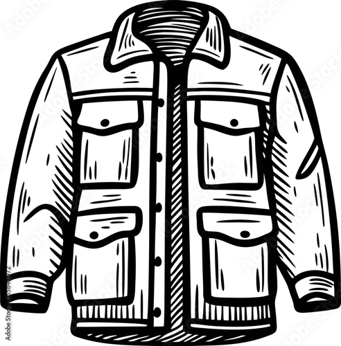 Hand drawn denim jacket illustration with front pockets and button detail in vintage engraved