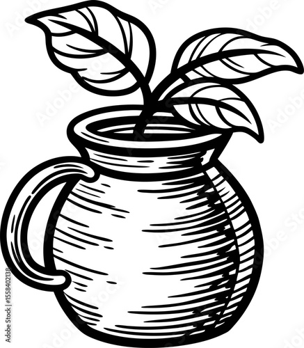 Hand drawn rustic clay pot with leafy plant sketch vintage black and white botanical illustration isolated