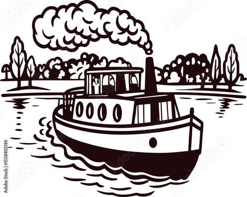 Vintage steamboat illustration on river with trees and clouds in monochrome hand drawn