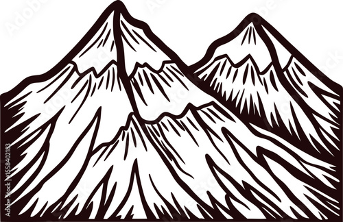 Hand drawn illustration of snow covered mountain peaks isolated on white background vintage engraving