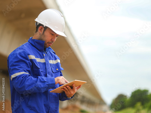 Asian engineer working with tablet at site of a large building project,Thailand people,Work overtime at construction site