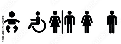  Inclusive restroom icon set with baby, disabled, male and female symbols