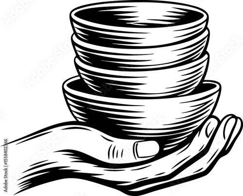 Engraved illustration of a hand holding three stacked ceramic bowls isolated on white background